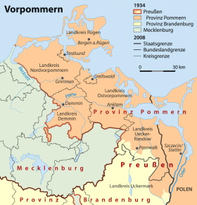 Vorpommern im Jahr 1934 und Landkreise bis 2011